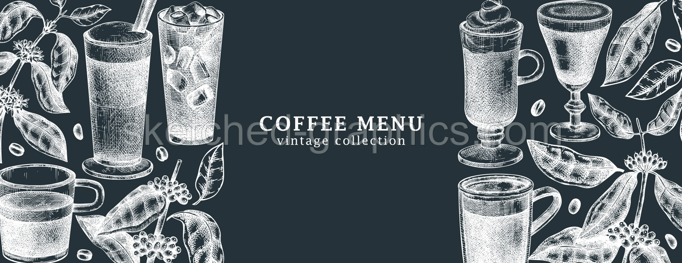 Hand-sketched coffee banner design. Vector sketches of  mugs with aromatic caffeine drinks templates. With botanical coffee plants, leaves and beans in vintage style. Vector beverages background Illustration